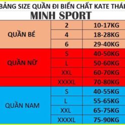 bảng size quần đồng phục đi biển