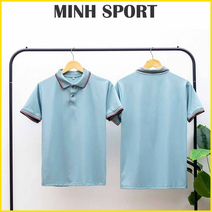 áo thun polo có cổ trơn bo sọc viền màu xanh lam