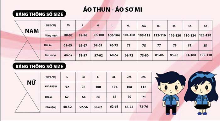 bảng size áo sơ mi hội sinh viên việt nam