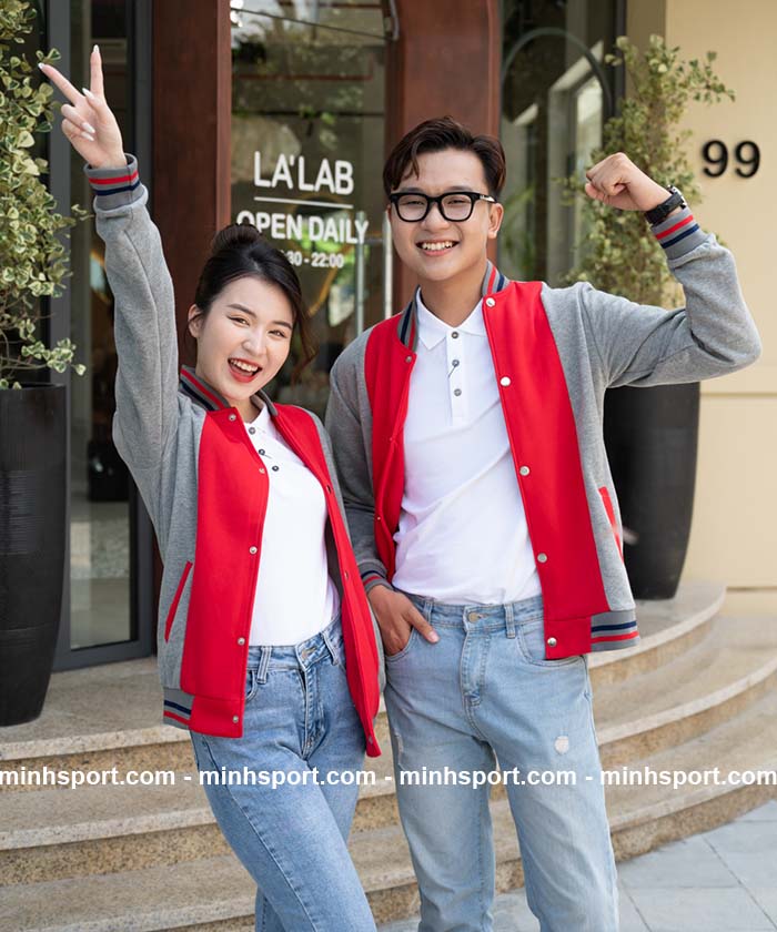 áo khoác đồng phục bomber màu đỏ phối xám