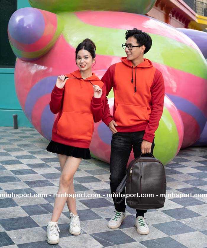 áo khoác đồng phục hoodie vải nỉ màu cam phối đỏ