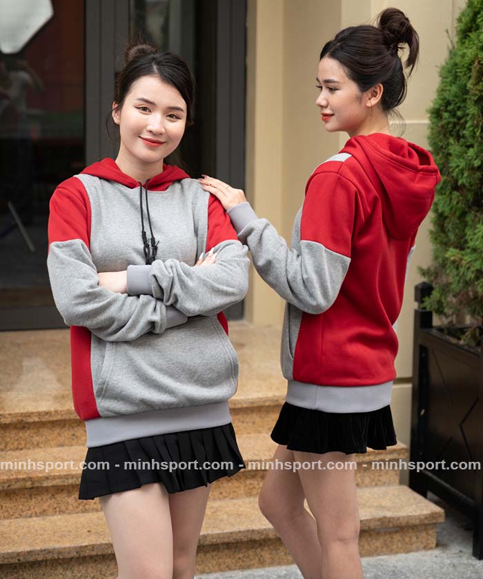 áo khoác đồng phục hoodie vải nỉ màu xám phối đỏ
