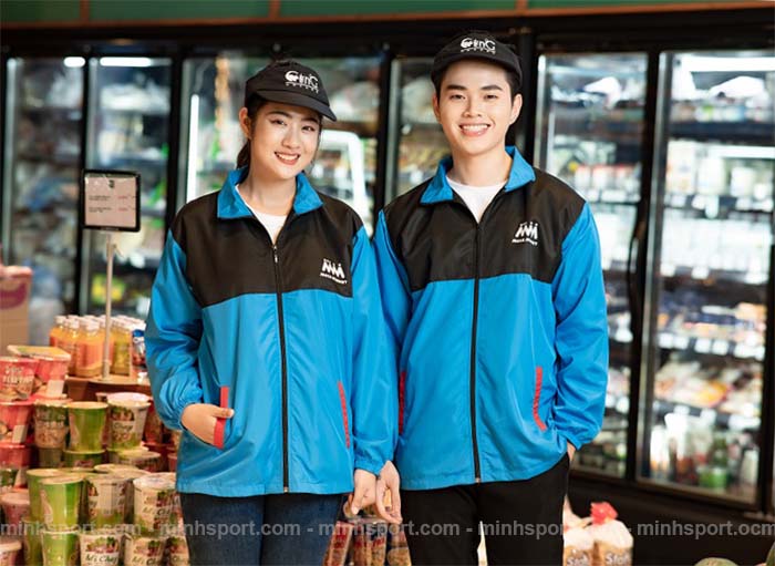 áo khoác gió đồng phục không nón màu xanh phối đen