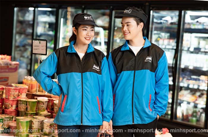 áo khoác gió đồng phục không nón màu xanh phối đen