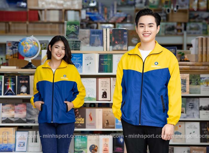 áo khoác gió đồng phục không nón màu xanh phối vàng