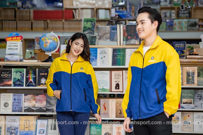 áo khoác gió đồng phục không nón màu xanh phối vàng