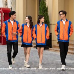 áo khoác gió đồng phục vải dù không nón màu cam phối xanh