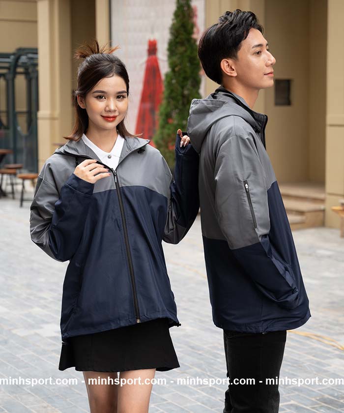áo khoác gió đồng phục vải dù nón rời màu đen phối xám
