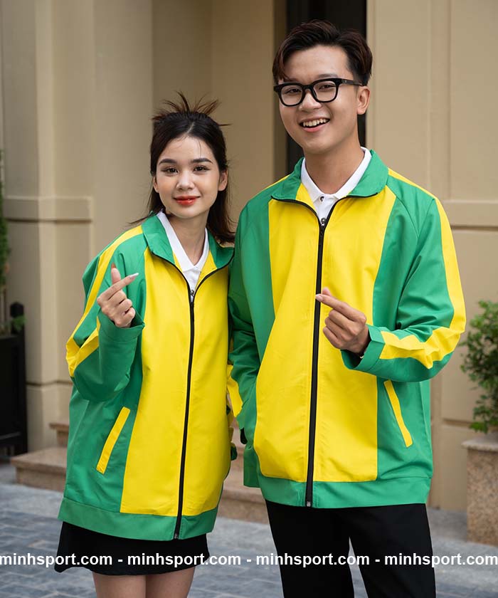 áo khoác gió đồng phục vải dù không nón màu vàng phối xanh