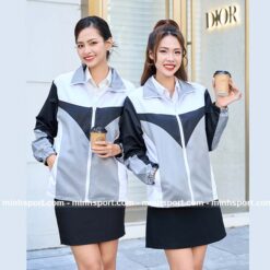áo khoác gió đồng phục vải dù không nón màu xám phối đen