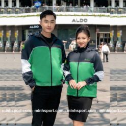 áo khoác gió đồng phục vải dù không nón màu xanh phối đen
