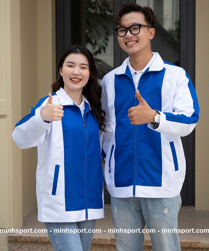 áo khoác gió đồng phục vải dù không nón màu xanh phối trắng