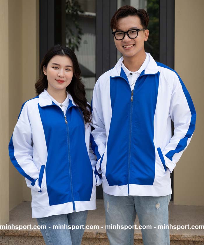 áo khoác gió đồng phục vải dù không nón màu xanh phối trắng
