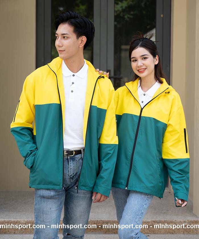 áo khoác gió đồng phục vải dù nón rời màu xanh phối vàng