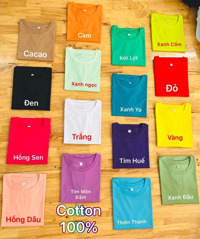 bảng màu áo thun trơn cổ tròn vải cotton 100