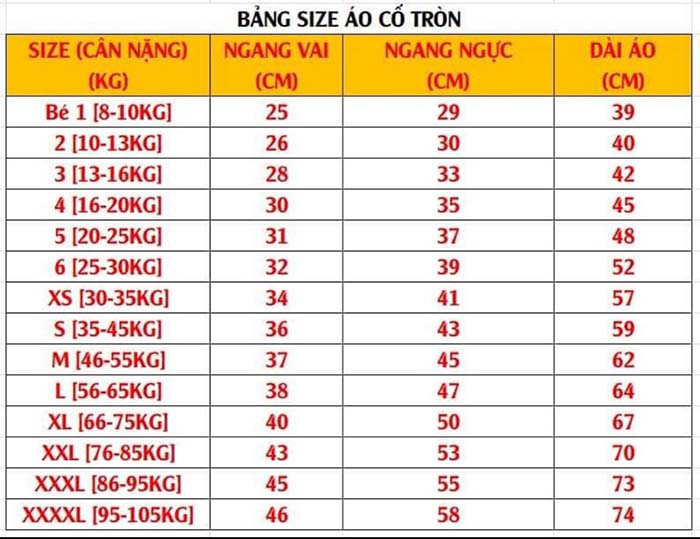 bảng size áo thun trơn nhóm nhiều màu cổ tròn