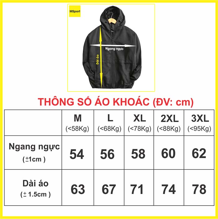 bảng thông số áo khoác gió đồng phục