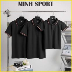 áo thun đồng phục polo vải cá sấu poly thái viền sọc màu đen