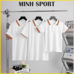 áo thun đồng phục polo vải cá sấu poly thái viền sọc màu trắng sọc cam