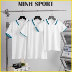 áo thun đồng phục polo vải cá sấu poly thái viền sọc màu trắng sọc xanh