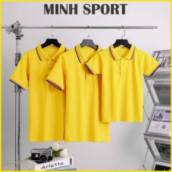 áo thun đồng phục polo vải cá sấu poly thái viền sọc màu vàng chanh
