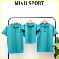 áo thun đồng phục polo vải cá sấu poly thái viền sọc màu xanh cổ vịt