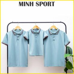 áo thun đồng phục polo vải cá sấu poly thái viền sọc màu xanh lam