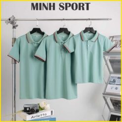 áo thun đồng phục polo vải cá sấu poly thái viền sọc màu xanh vỏ đậu