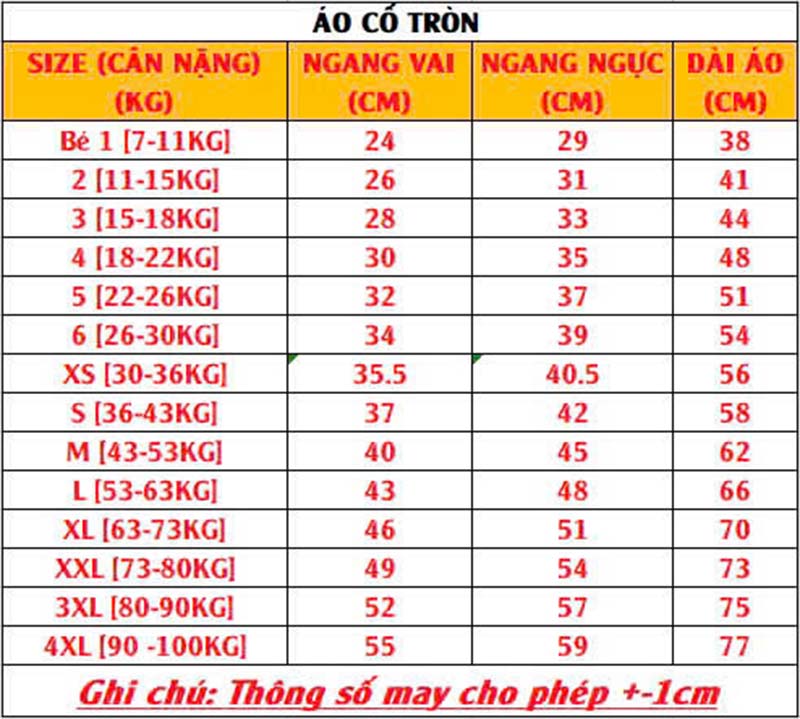bảng size đồng phục áo thun cổ tròn