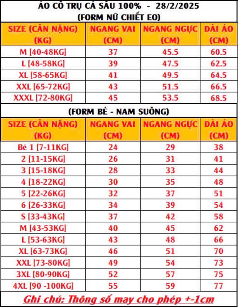 bảng size đồng phục áo thun polo cá sấu cotton 100%