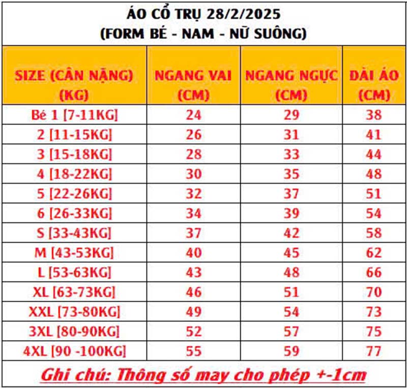 bảng size đồng phục áo thun polo có cổ