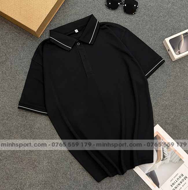 phôi áo polo vải cá sấu mè cao cấp màu đen 1 sọc