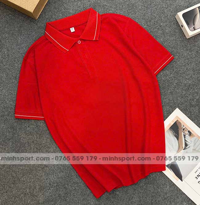 phôi áo polo vải cá sấu mè cao cấp màu đỏ 1 sọc