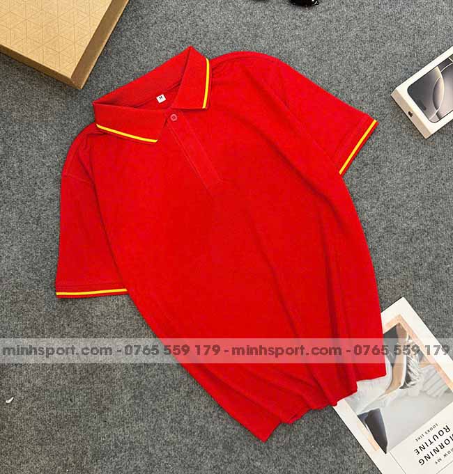 phôi áo polo vải cá sấu mè cao cấp màu đỏ sọc vàng