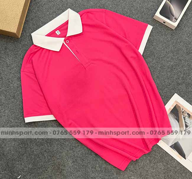 phôi áo polo vải cá sấu mè cao cấp màu hồng phối trắng
