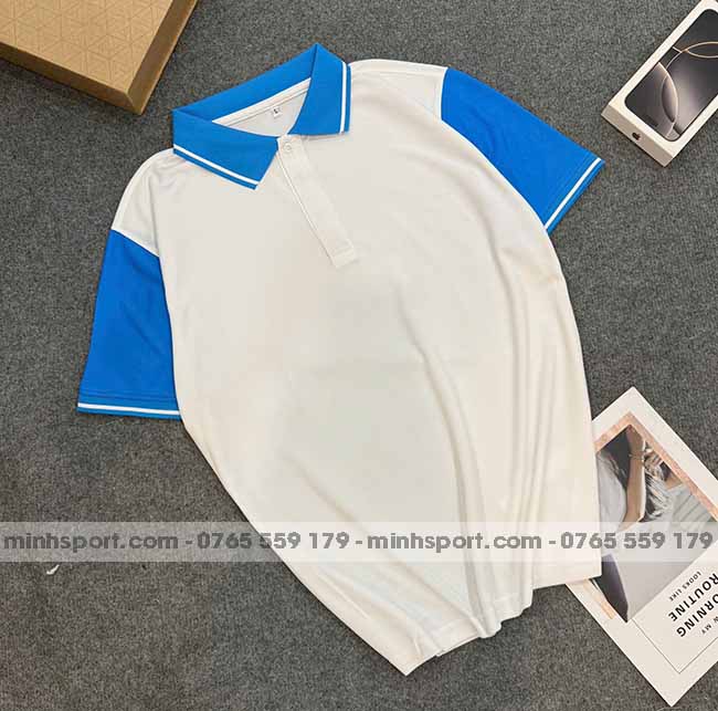 phôi áo polo vải cá sấu mè cao cấp màu trắng phối xanh ya
