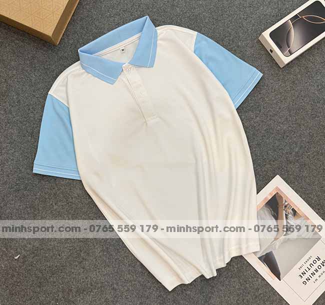phôi áo polo vải cá sấu mè cao cấp màu trắng phối xanh
