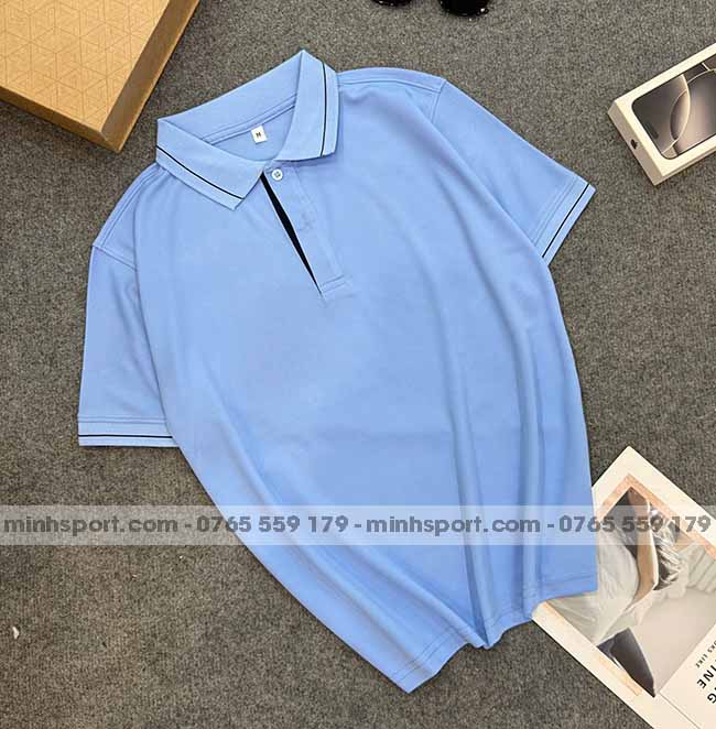 phôi áo polo vải cá sấu mè cao cấp màu xanh biển 1 sọc