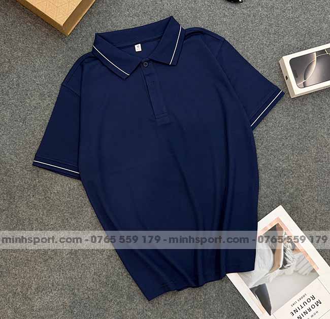 phôi áo polo vải cá sấu mè cao cấp màu xanh đen 1 sọc