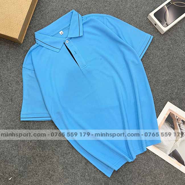 phôi áo polo vải cá sấu mè cao cấp màu thiên thanh 1 sọc
