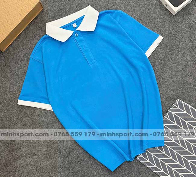 phôi áo polo vải cá sấu mè cao cấp màu xanh ya phối trắng