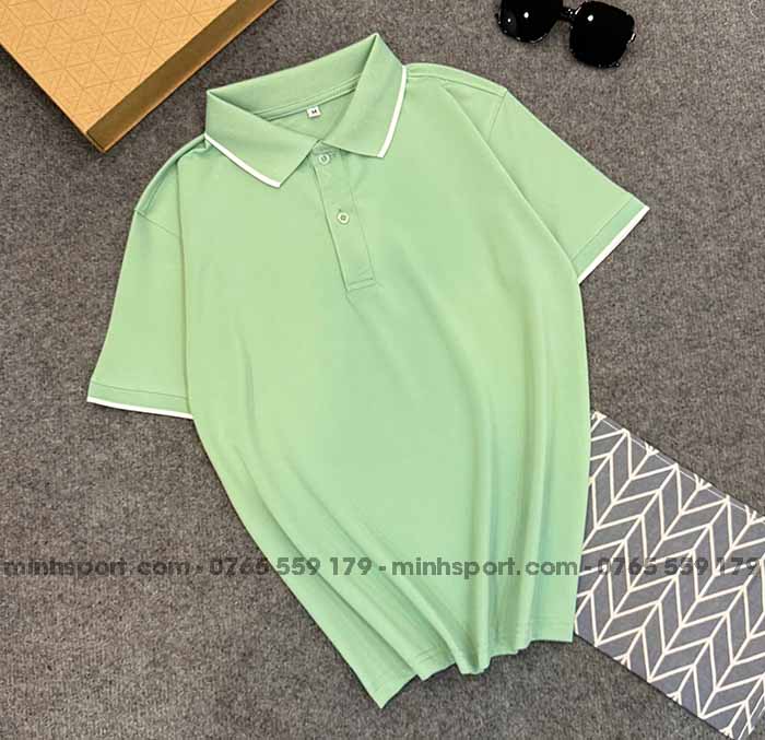 phôi áo thun cá sấu poly màu xanh đậu 1 sọc trắng