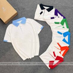 phôi áo thun polo đồng phục màu trắng phối xanh biển