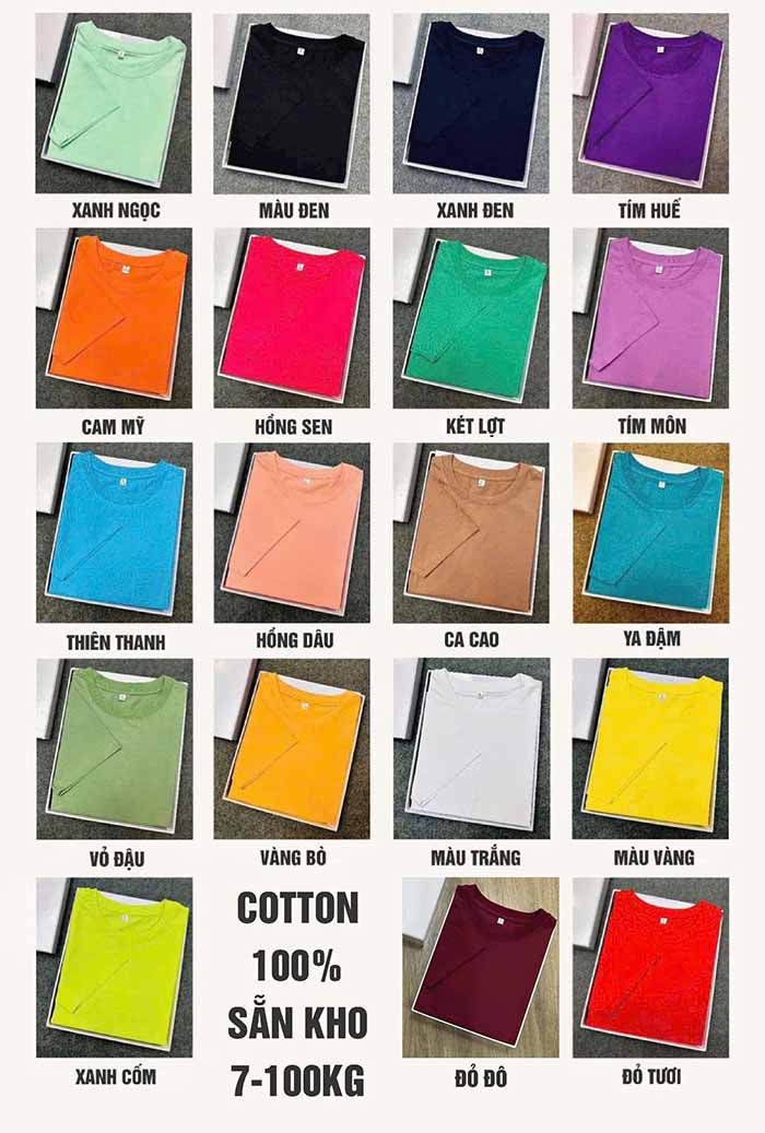 bảng màu áo thun cổ tròn cotton 100%