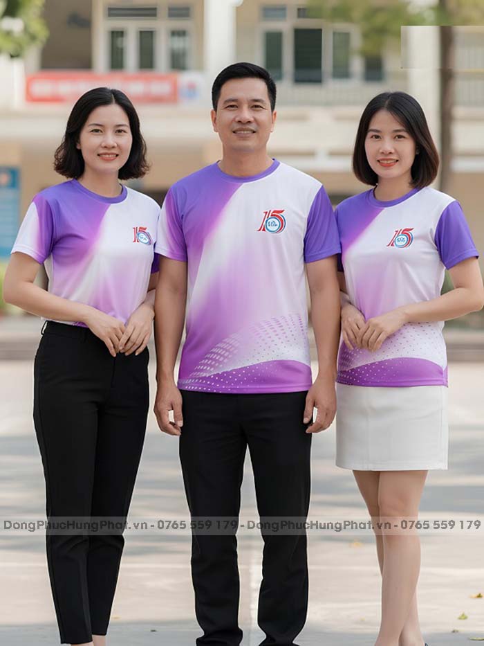 áo thun đồng phục họp lớp 15 năm cổ tròn màu trắng phối tím