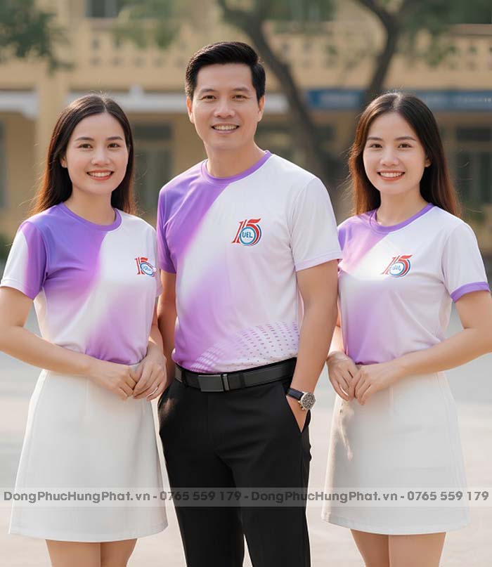 áo thun đồng phục họp lớp 15 năm cổ tròn màu trắng phối tím