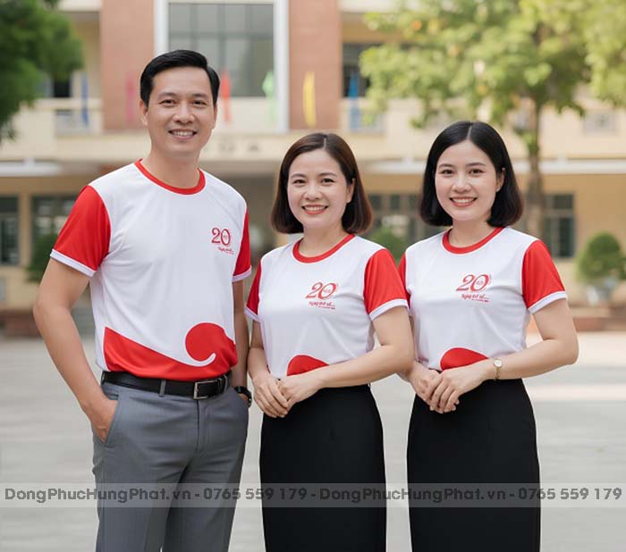 áo thun đồng phục họp lớp 20 năm cổ tròn màu trắng phối đỏ