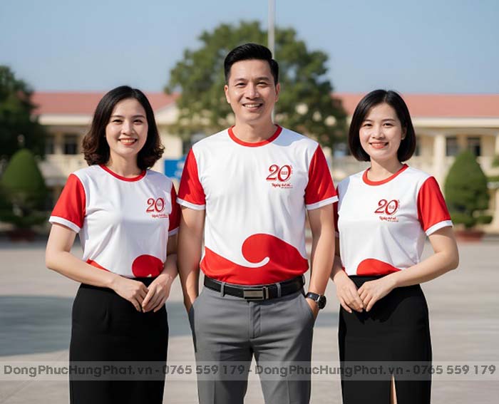 áo thun đồng phục họp lớp 20 năm cổ tròn màu trắng phối đỏ