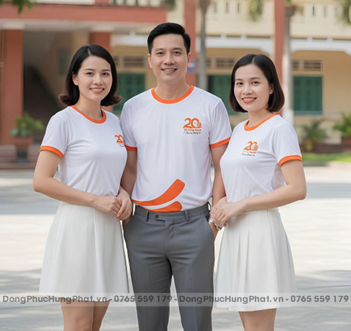 áo thun đồng phục họp lớp 20 năm cổ tròn màu trắng viền cam