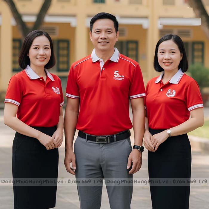 áo thun đồng phục họp lớp 5 năm màu đỏ phối bo trắng